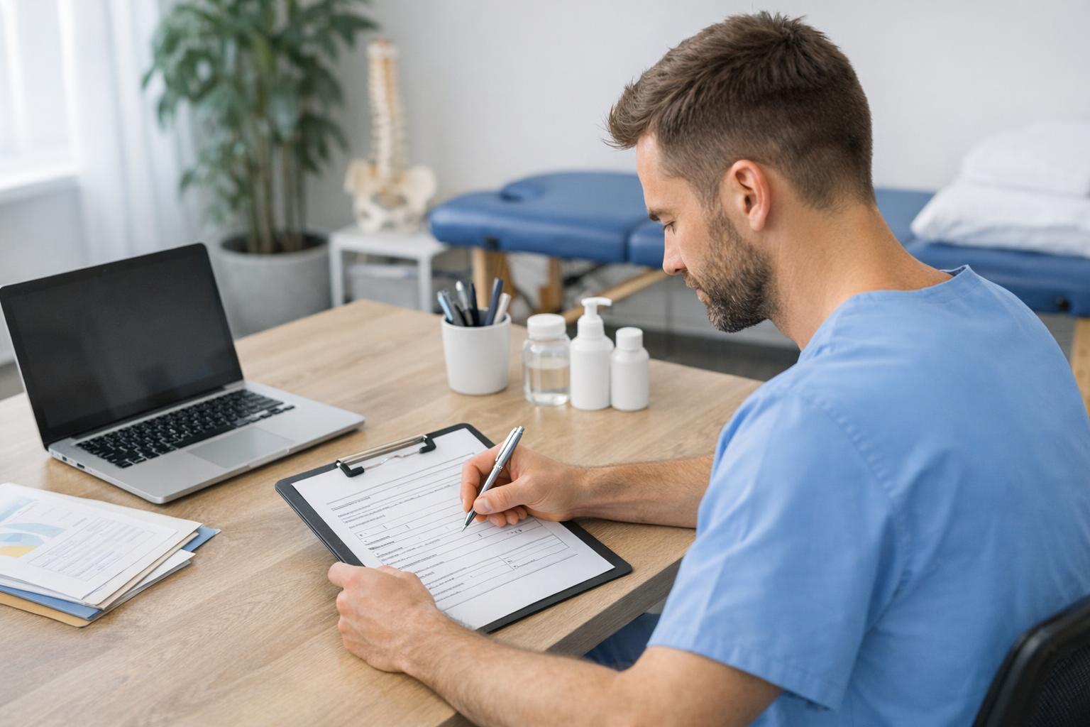 Fizjoterapeuta wypełniający formularz aplikacyjny o dofinansowanie