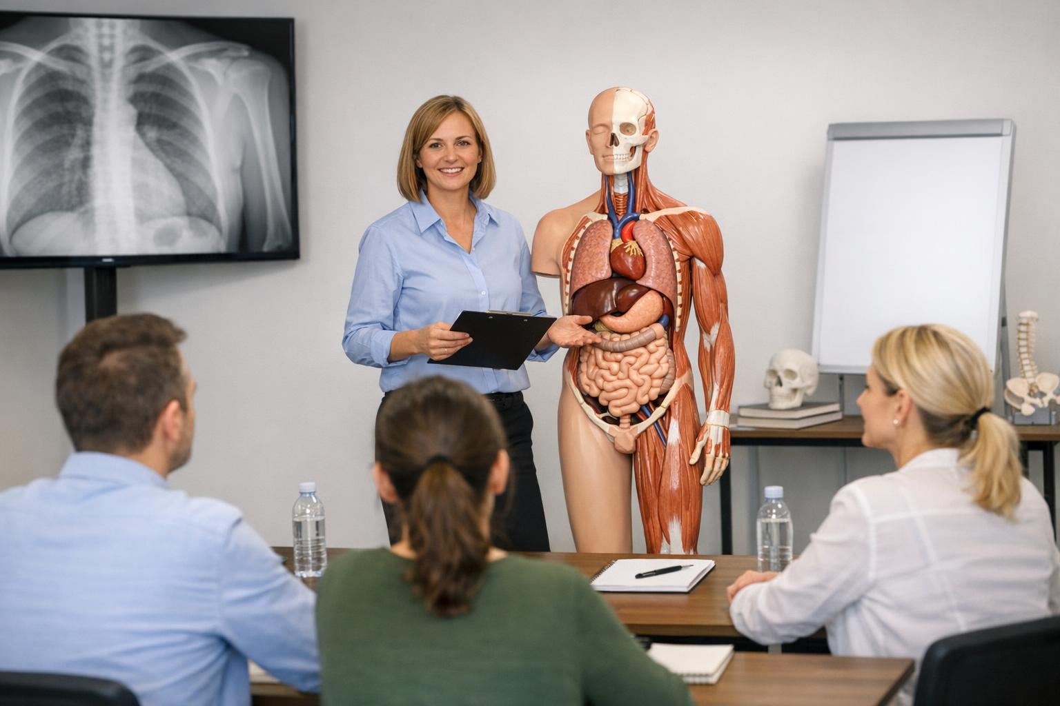 Zdjęcie sali szkoleniowej z modelem anatomicznym i uczestnikami
