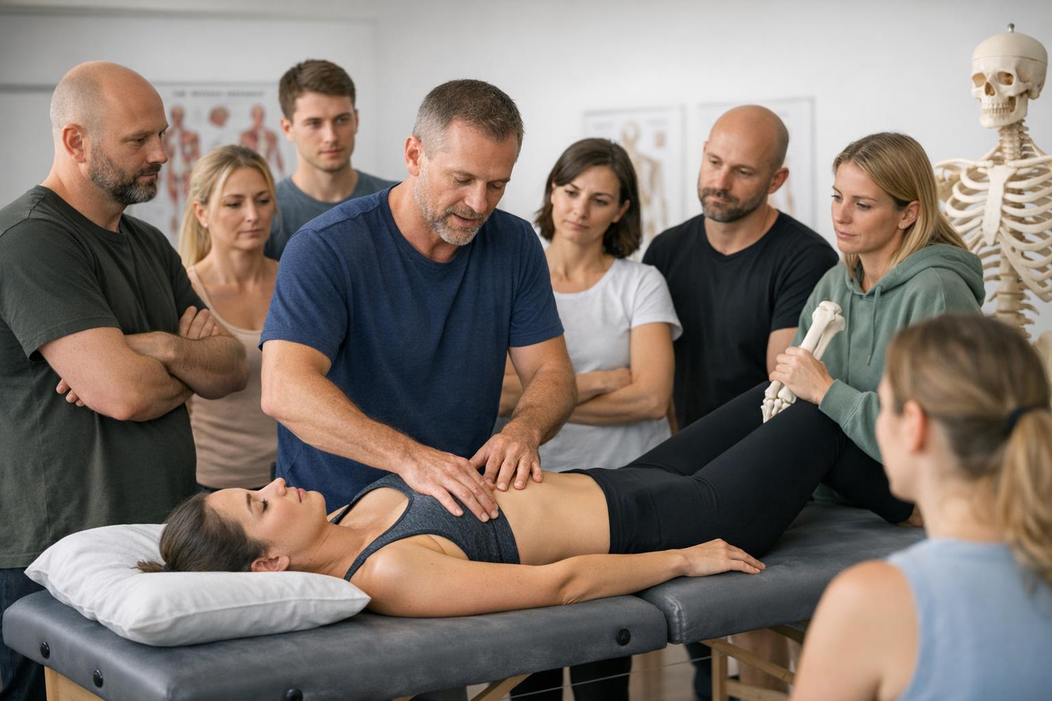 Terapeuta uczący technik pracy z powięzią podczas szkolenia praktycznego