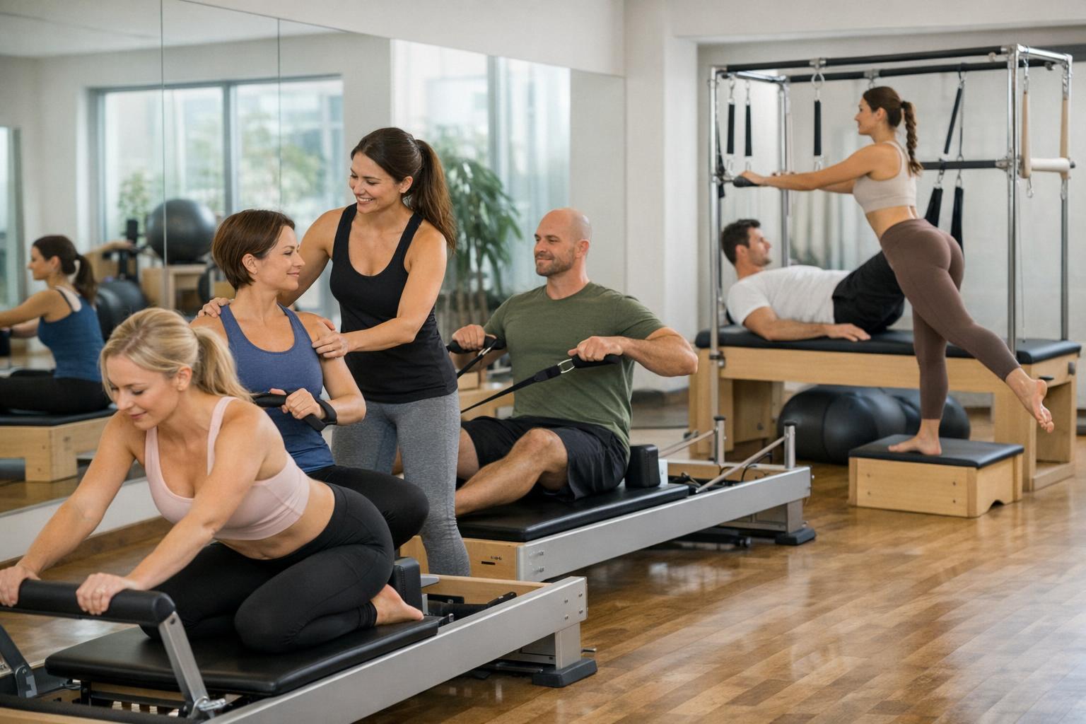Zdjęcie sali pilates z uczestnikami podczas praktycznych zajęć