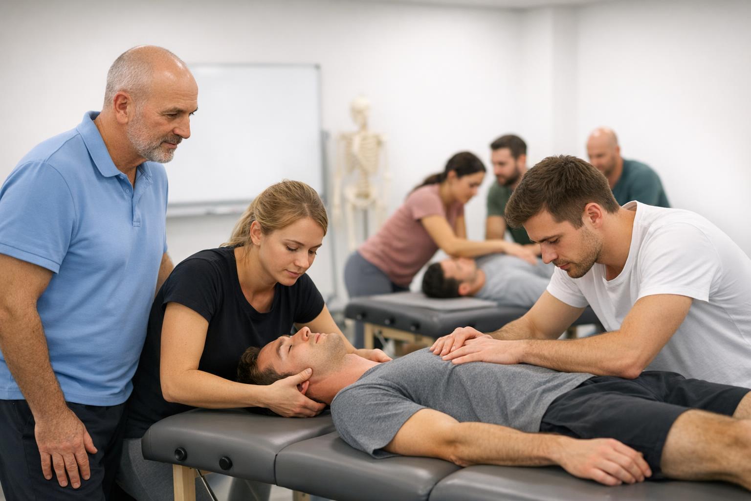 zdjęcie: kursanci ćwiczą techniki osteopatyczne pod okiem instruktora, scena z sali szkoleniowej