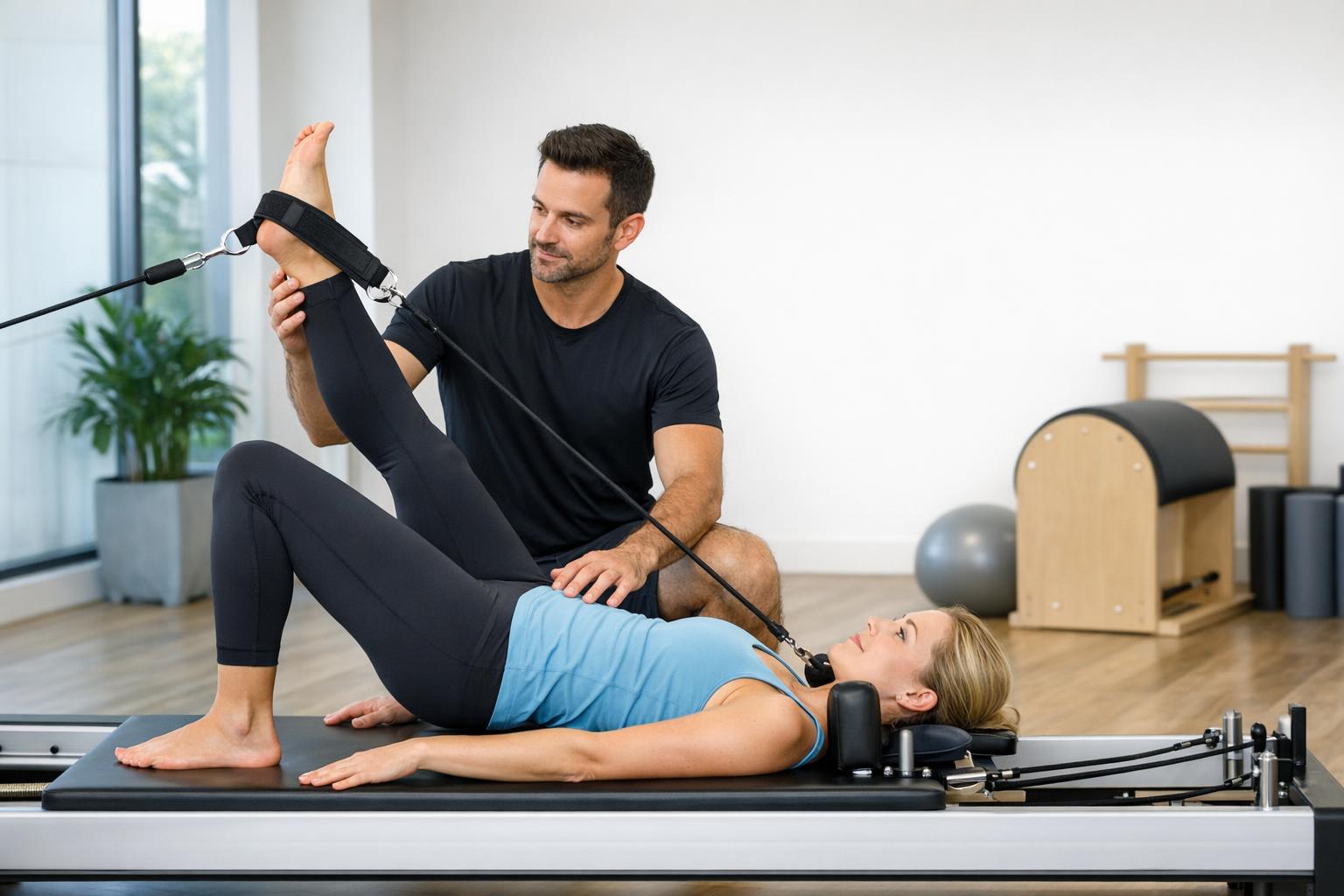 Instruktor pilates demonstrujący ćwiczenie z uczestnikiem na reformerze