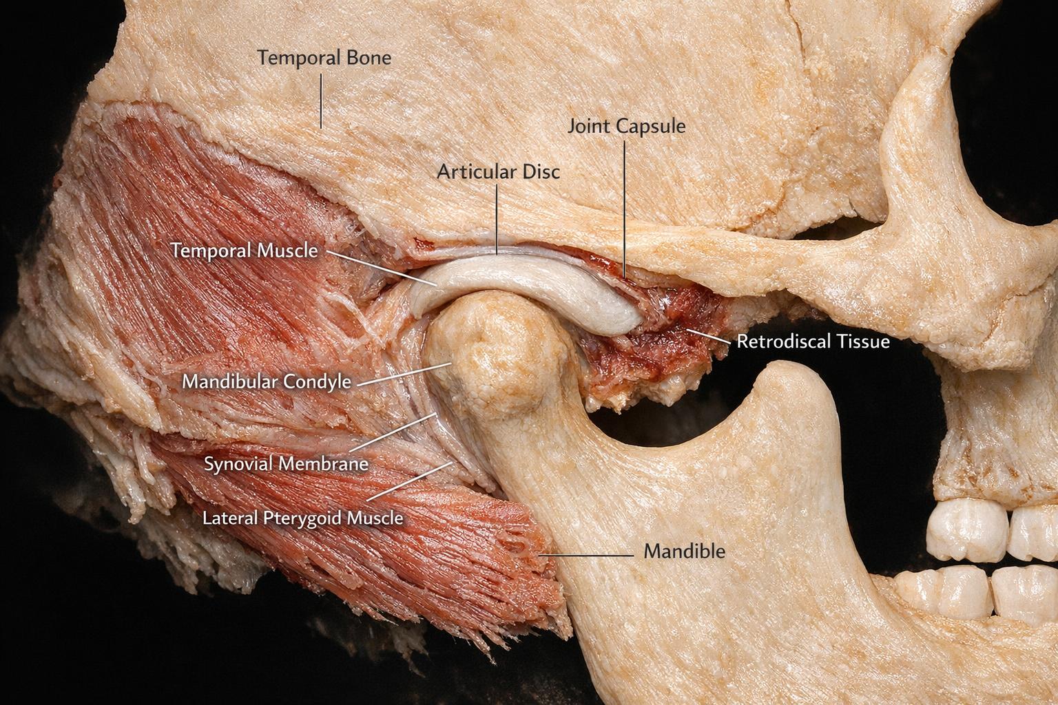 Fotografia anatomiczna stawu skroniowo‑żuchwowego z opisem struktur